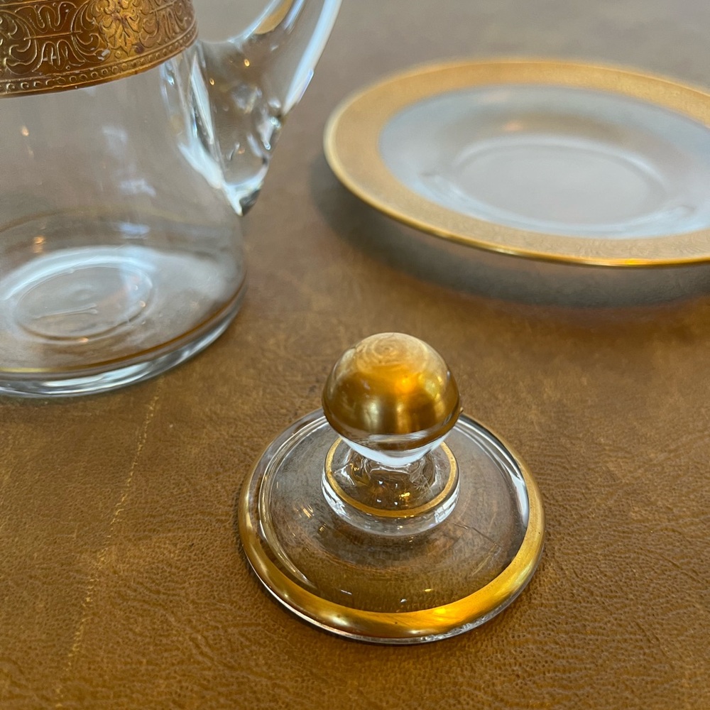 Rare Find Tiffin Glass Gilded Lidded Syrup Pitcher w Saucer, early 20th Century - Picture 9 of 11